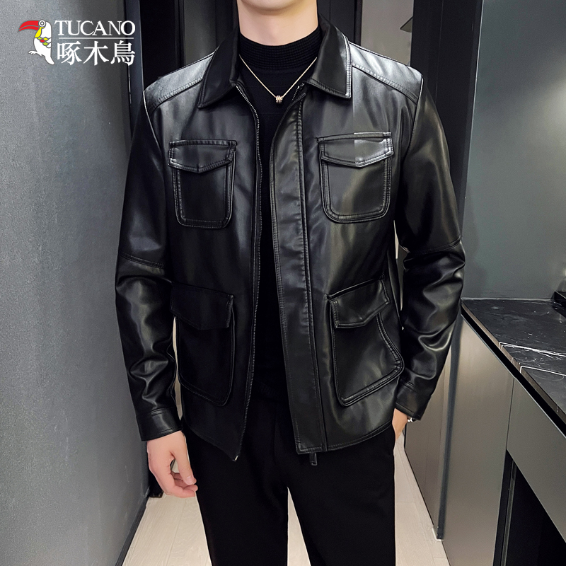 啄木鸟秋冬季高品质机车皮衣外套男士帅气翻领皮夹克防风上衣