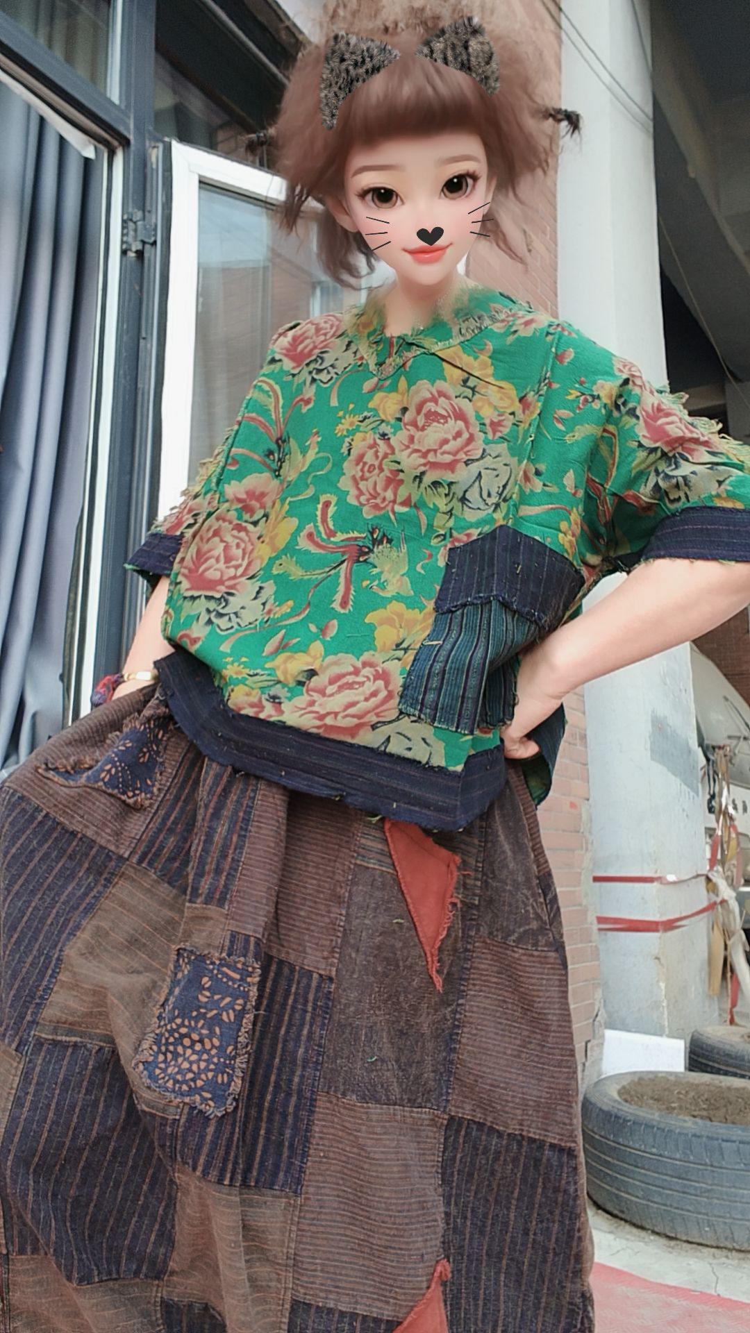 无吊牌砂洗磨白做旧花V领毛边贴老布单层衫