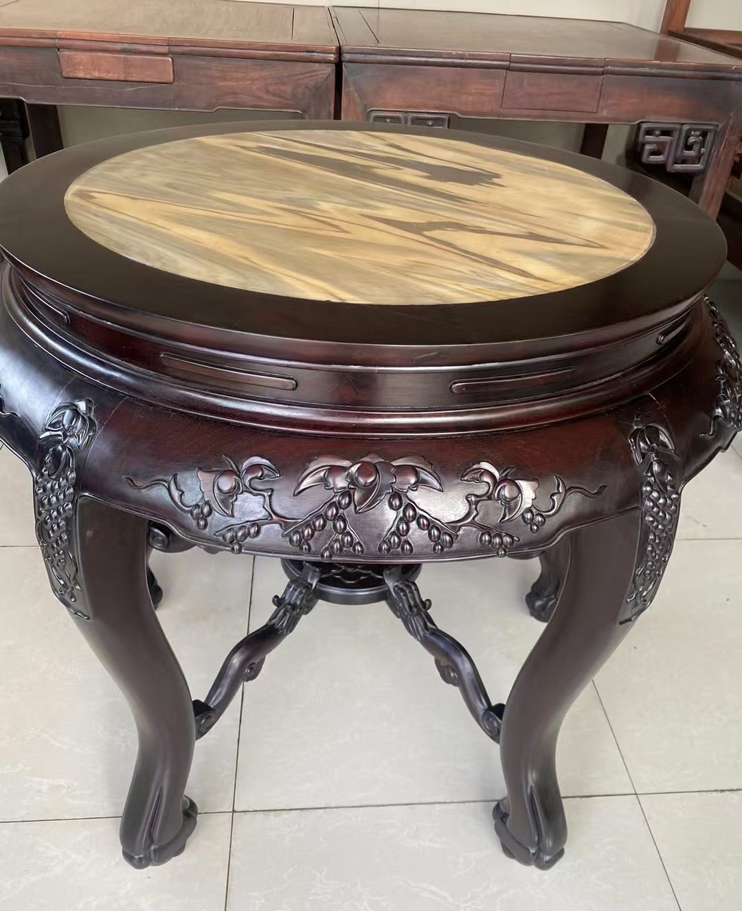 直径80公分 高度80公分 民  精美老红木云石面圆桌