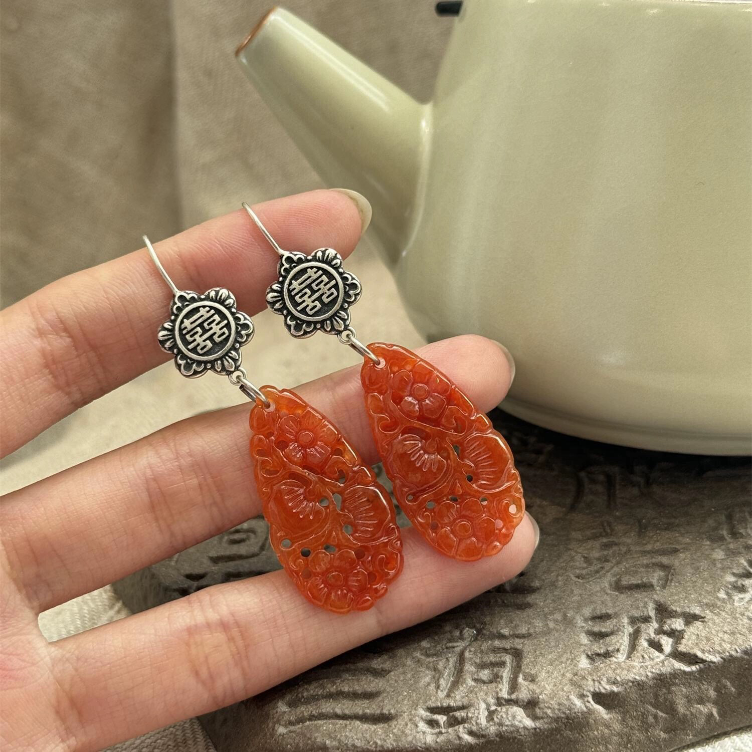 925银耳饰 新中式红水滴镂空花开富贵耳坠纯银小众设计双喜耳钩