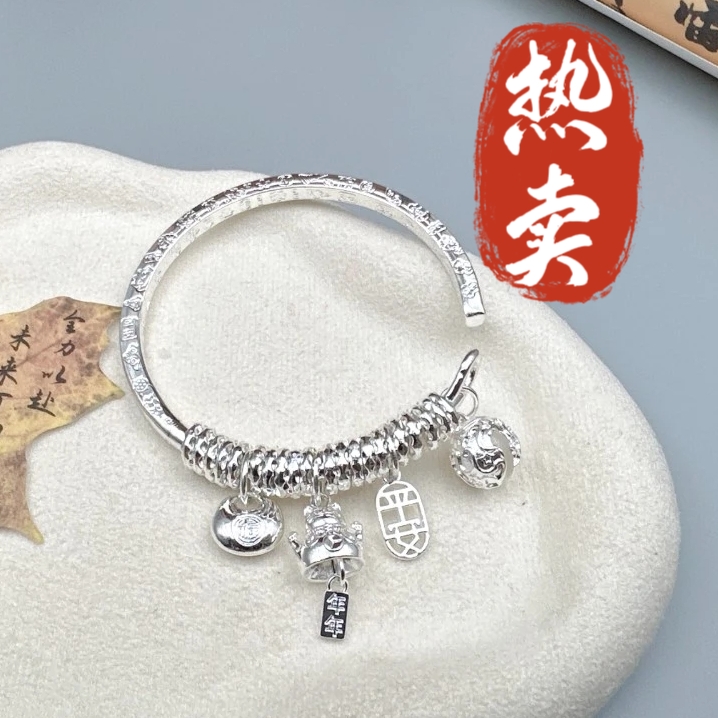 足银手镯 14号-绣球招财猫盘缠【开口】手镯/凤