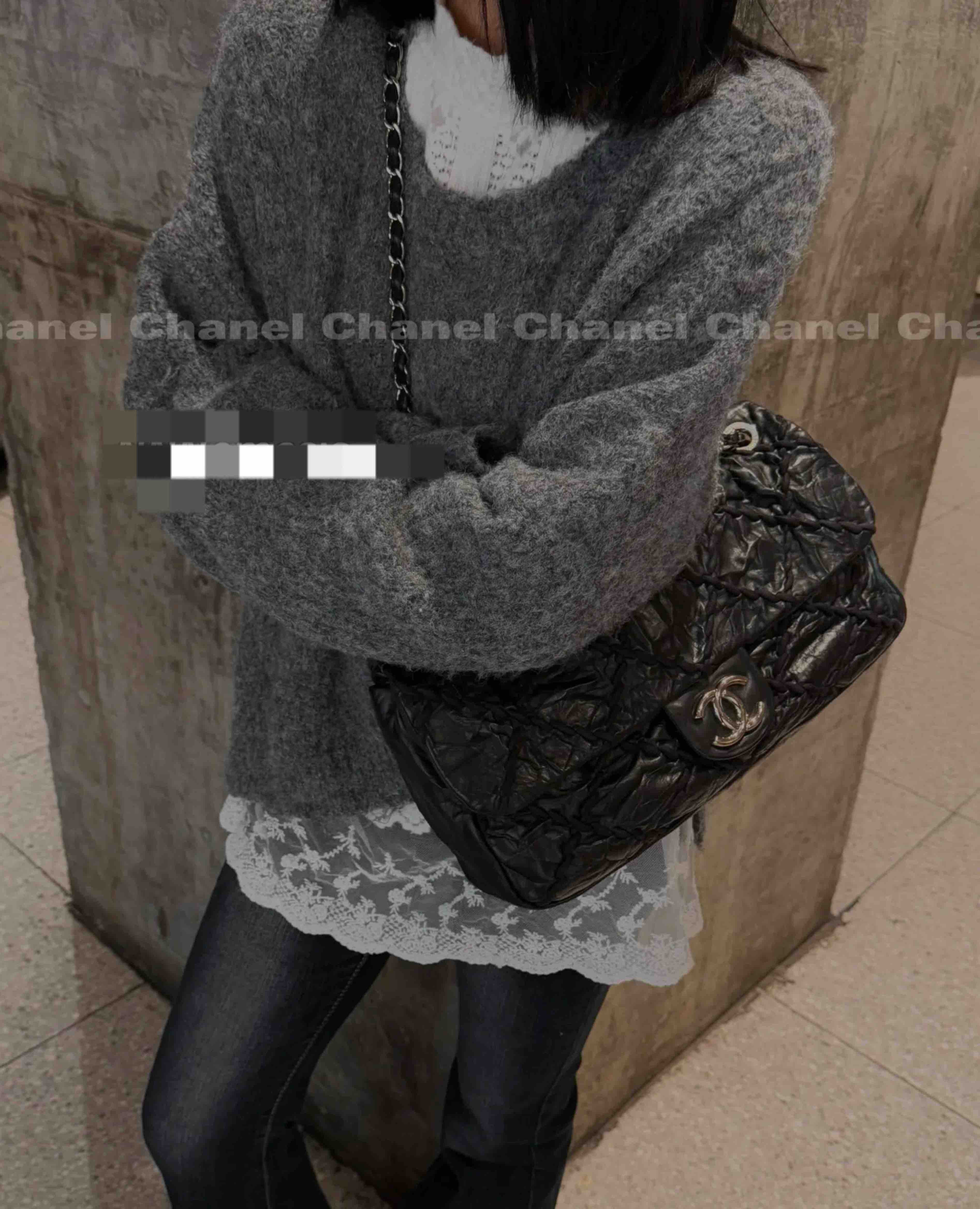 95新 Chanel/香奈儿 黑银 油腊皮 外缝粗线 机场包26cm 12289603