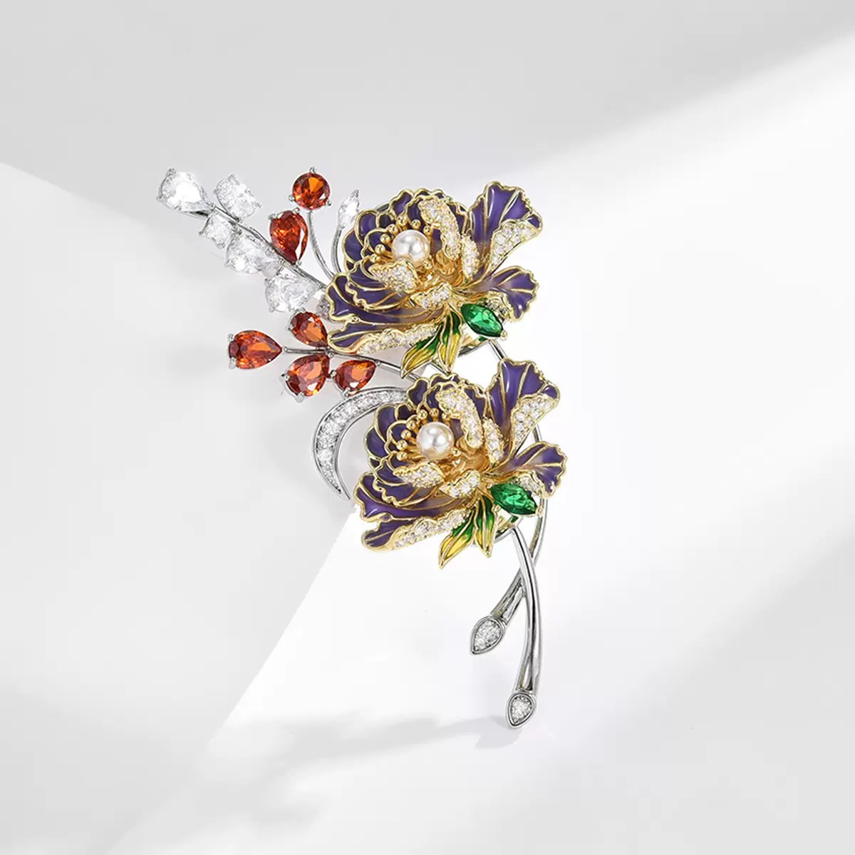 铜合成锆石胸针 1341新品重工立体牡丹耳夹胸针毛衣链三合一