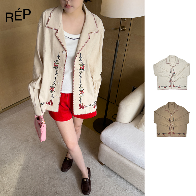 REP-Puzzle piece设计师卡其/白色苎麻樱桃刺绣衬衫25SS 早春穿搭