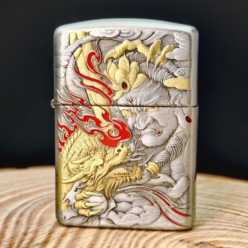 Zippo打火机正版盔甲熏银填漆不动明王-降魔剑心防风男士DYJ1