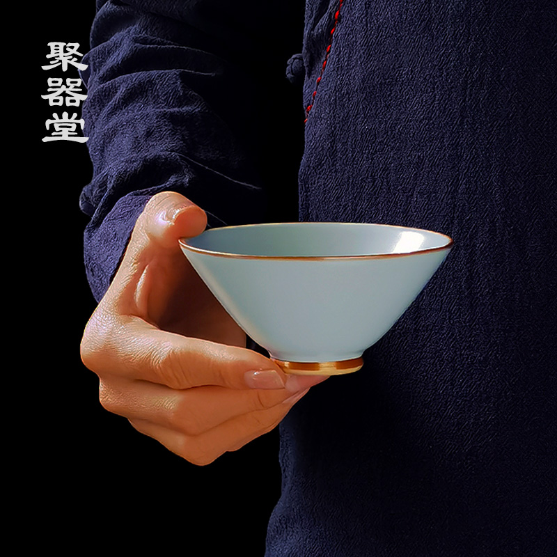 自产自销-聚器堂陈文哲老师天青汝窑斗笠杯90ml手工