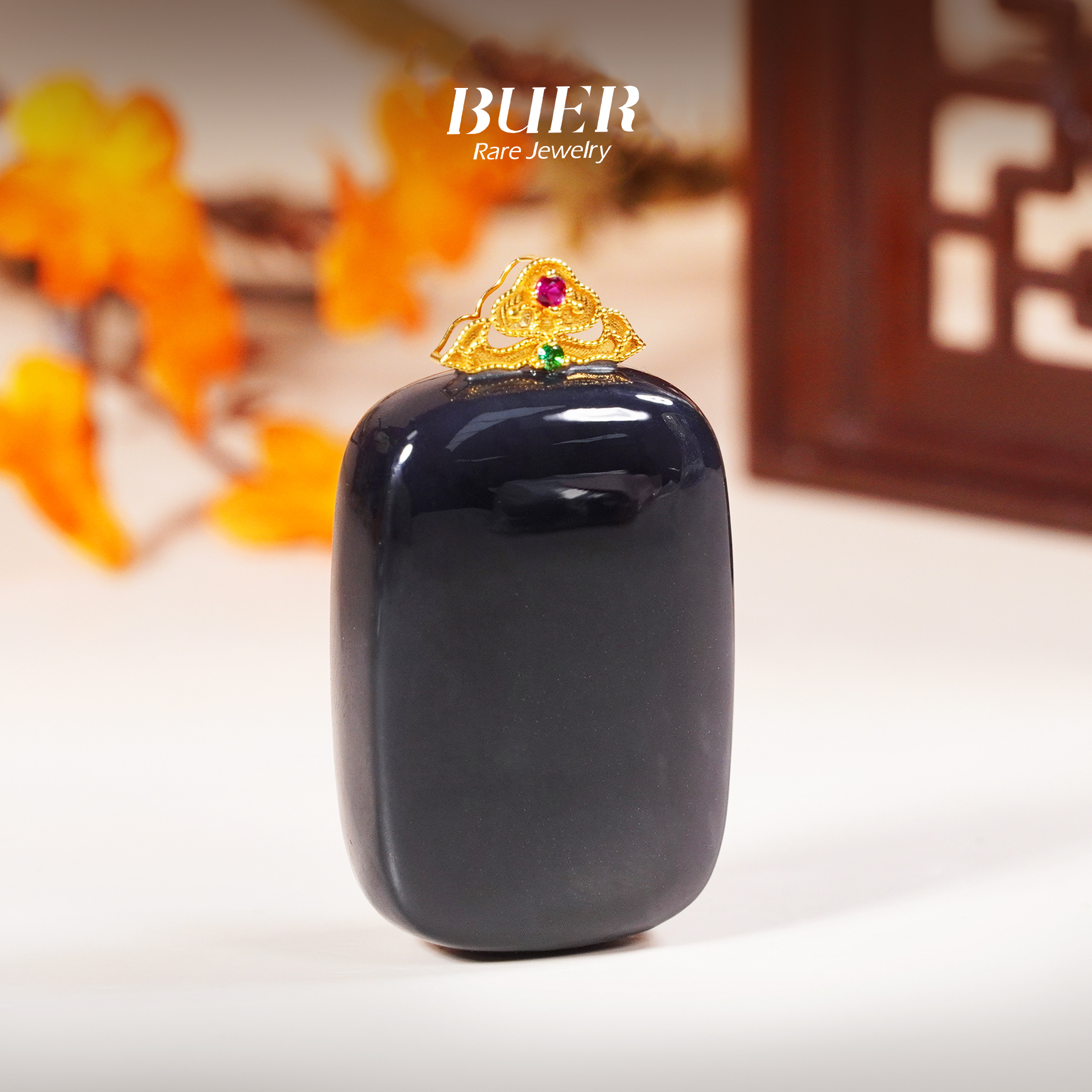 【不二】和田玉烟紫18K金吊坠(无事牌)