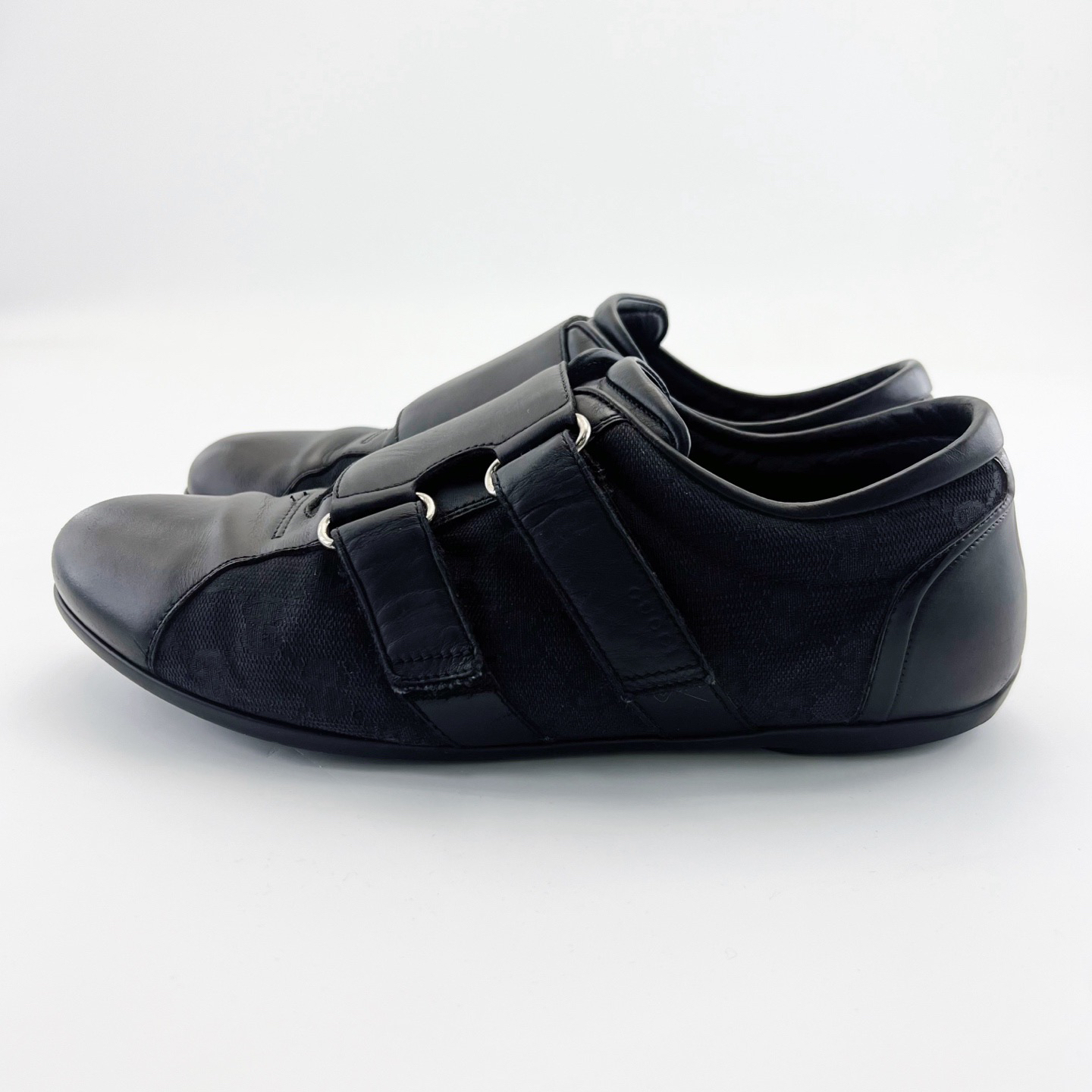 95新 GUCCI/古驰 41码/黑色经典双G魔术贴休闲皮鞋/15316804