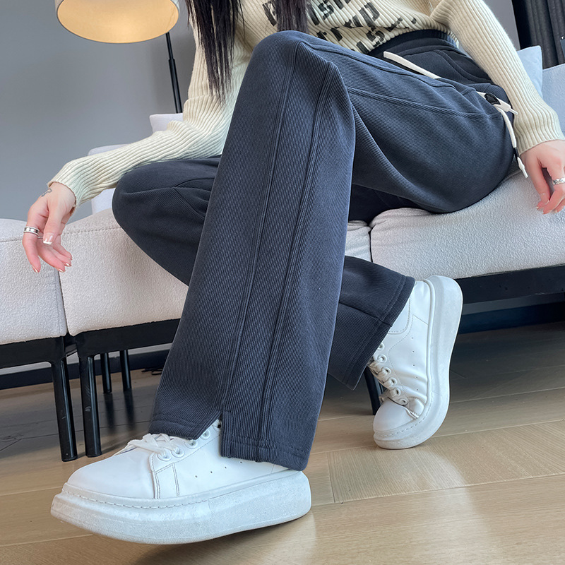 窄版阔腿裤女显瘦加绒直筒小个子大码运动长裤子灯芯绒加厚秋冬季