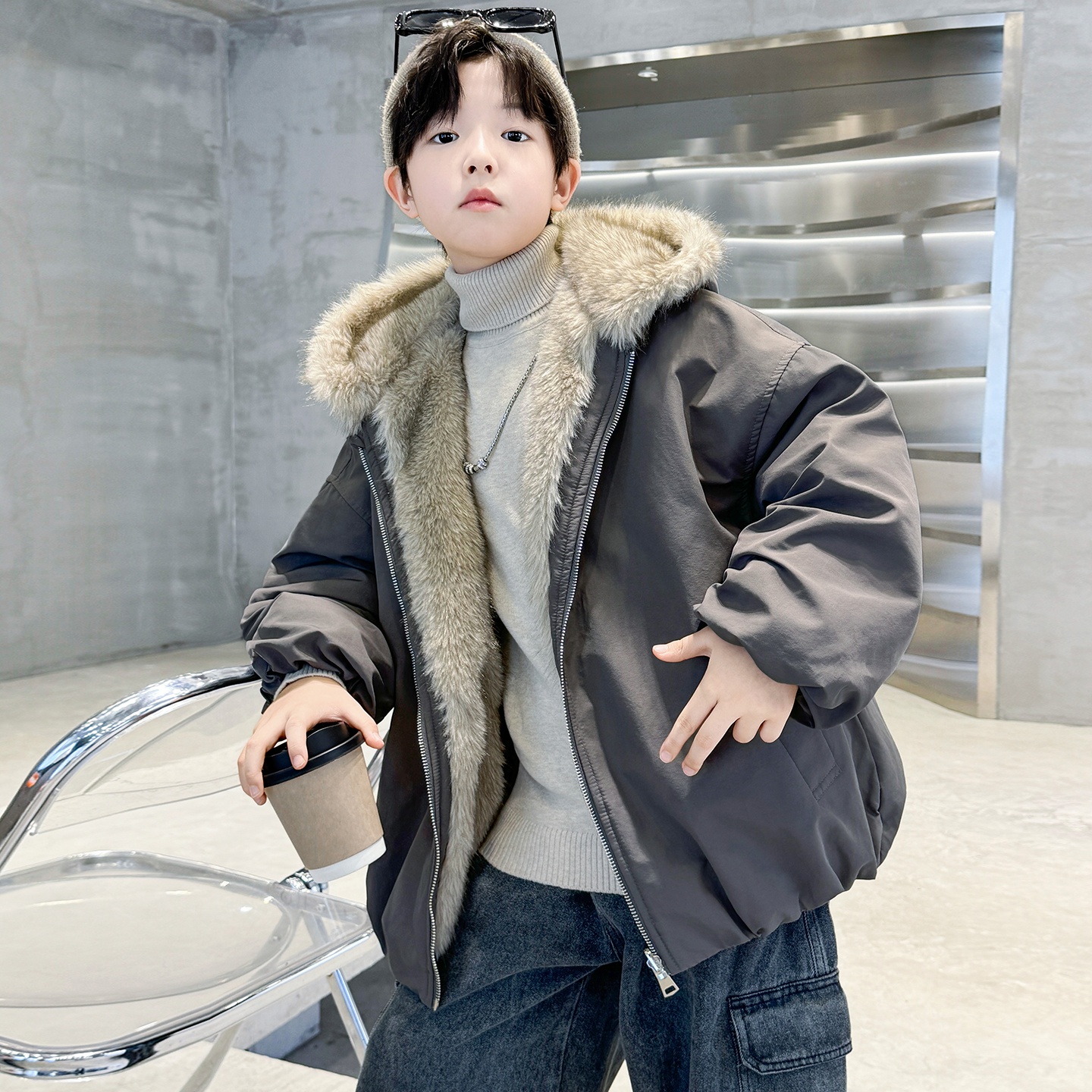 儿童装男童皮毛一体加绒外套冬装2025新款中大童双面穿秋冬季加厚