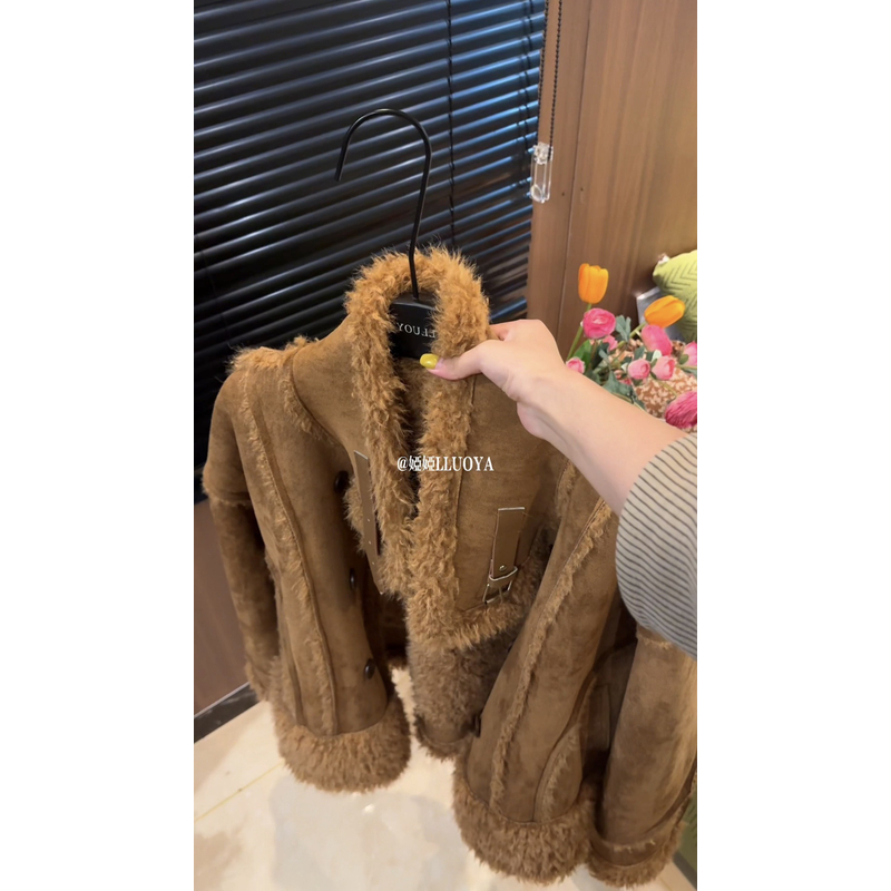冬季咖色美拉德皮毛一体短外套女加绒保暖机车风休闲上衣