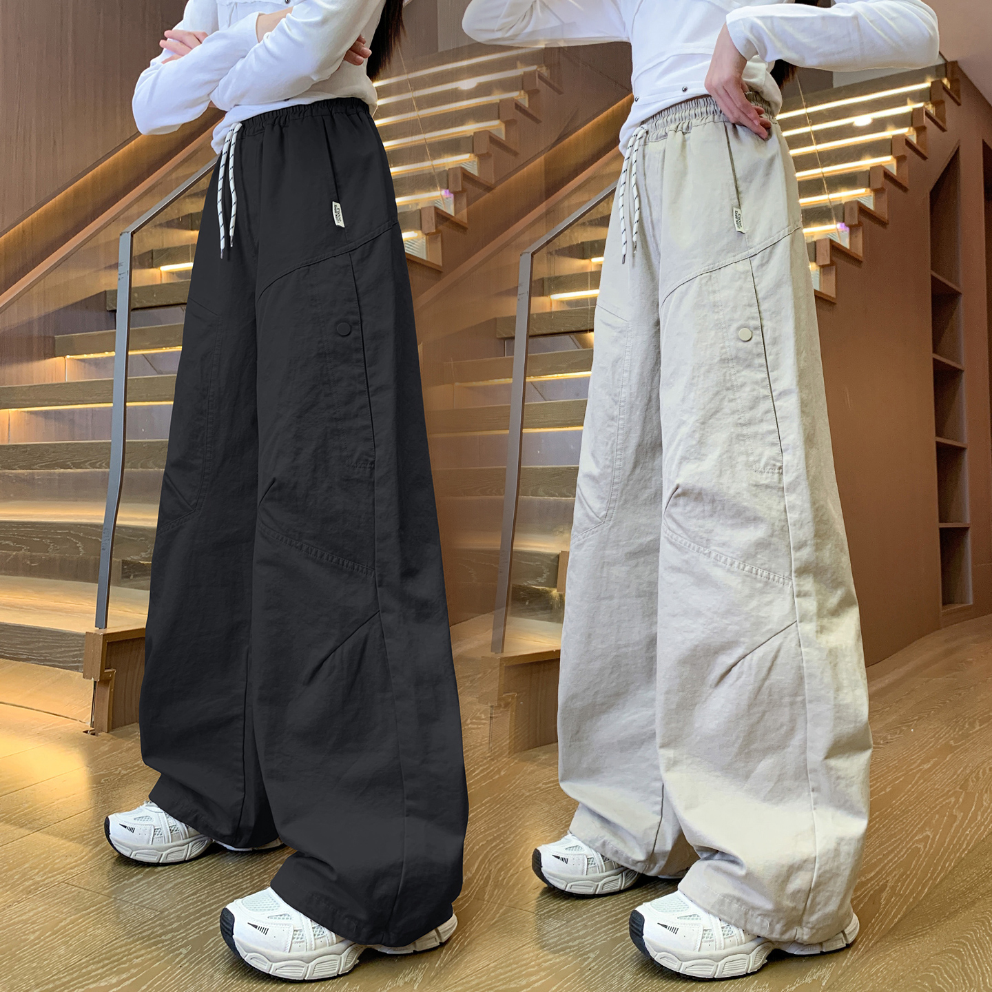 女童裤子春秋新款季孩直筒儿童黑色长裤大童工装初中生阔腿加绒冬