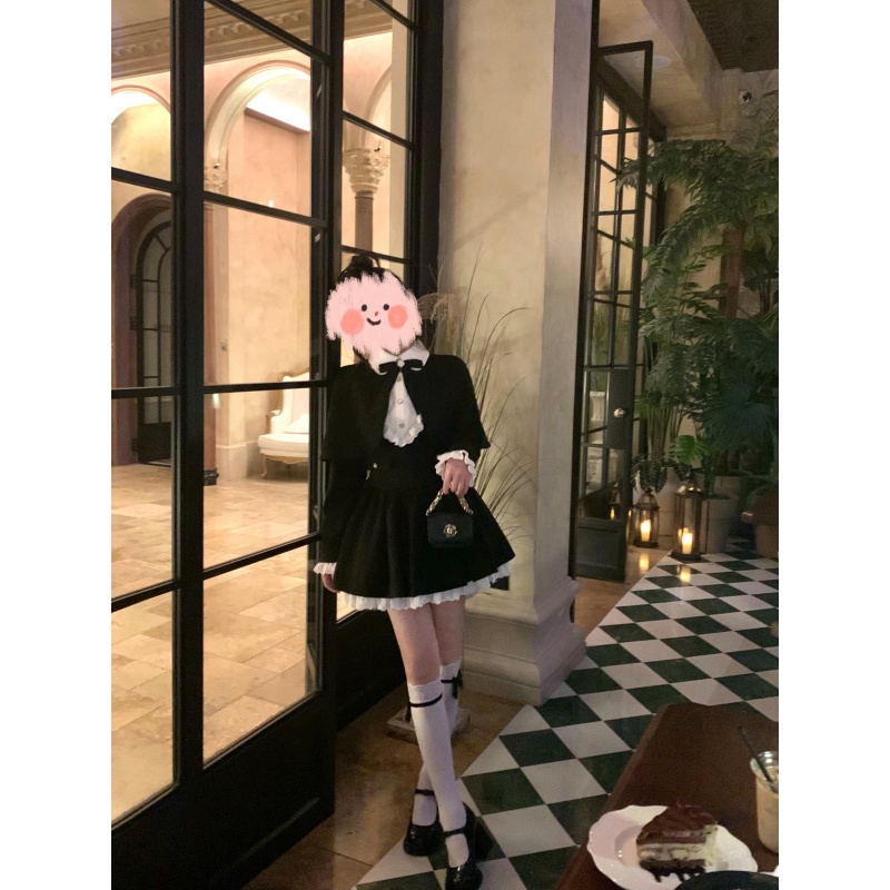 《予夜诗》毛呢披肩斗篷连衣裙套装富家千金风