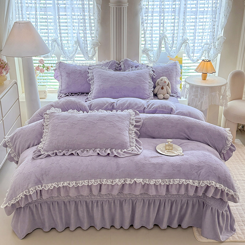 奢华床品2025新款法式雕花绒床盖韩版花边款加厚牛奶绒床上四件套