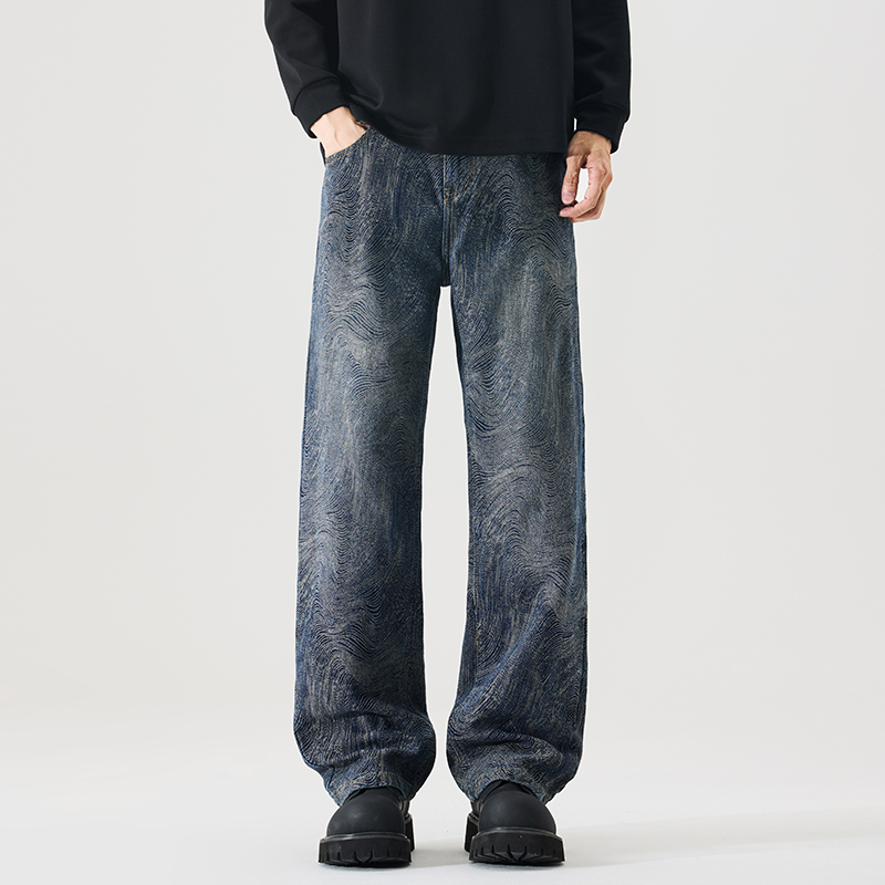 新款潮牌提花牛仔直筒裤大码百搭ins嘻哈扎染做旧秋季