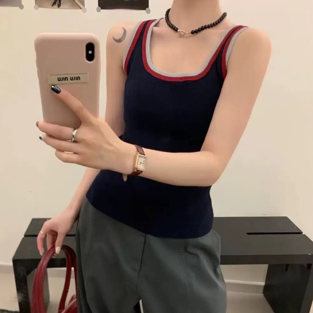 藏青色拼色吊带背心韩系修身显瘦设计感小众洋气上衣