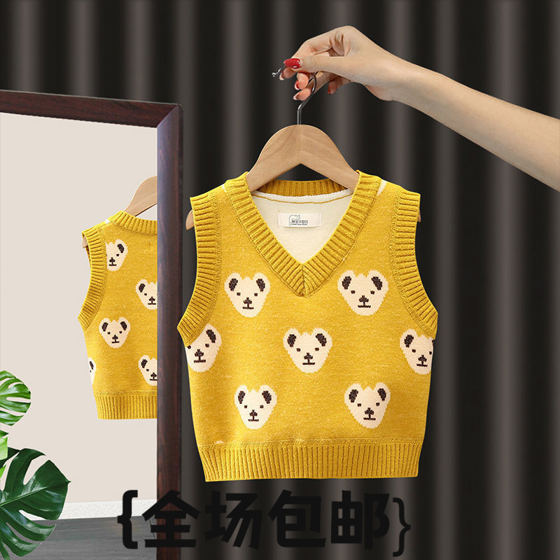 2025秋冬男女童卡通可爱提花复合针织马甲背心毛衣宝宝圆领外穿潮