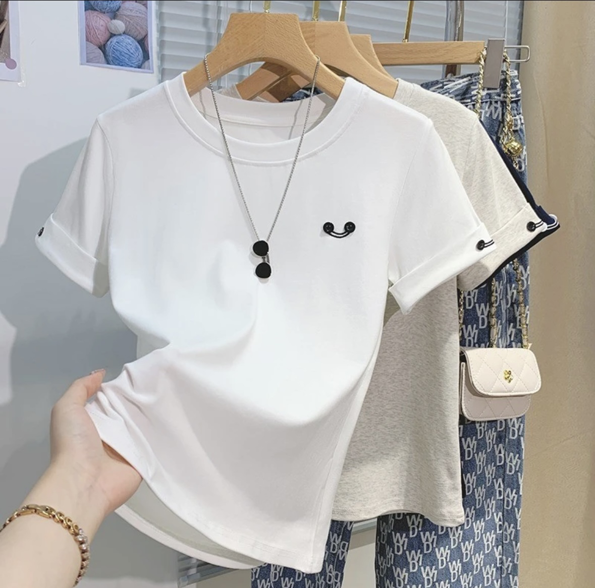 欧货休闲灰色别致正肩短袖棉T恤2025女夏季设计感小众上衣2041