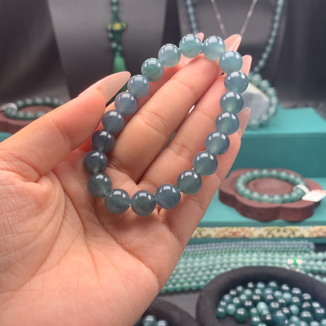 翡翠未镶嵌手链卡10mm雾霾蓝圆珠
