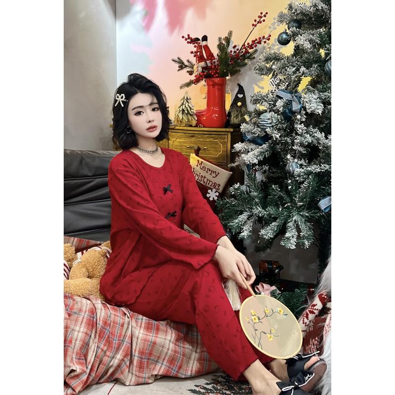 新年款卡通小猫螺纹棉宽松舒适休闲红色女士运动家居服套装24168