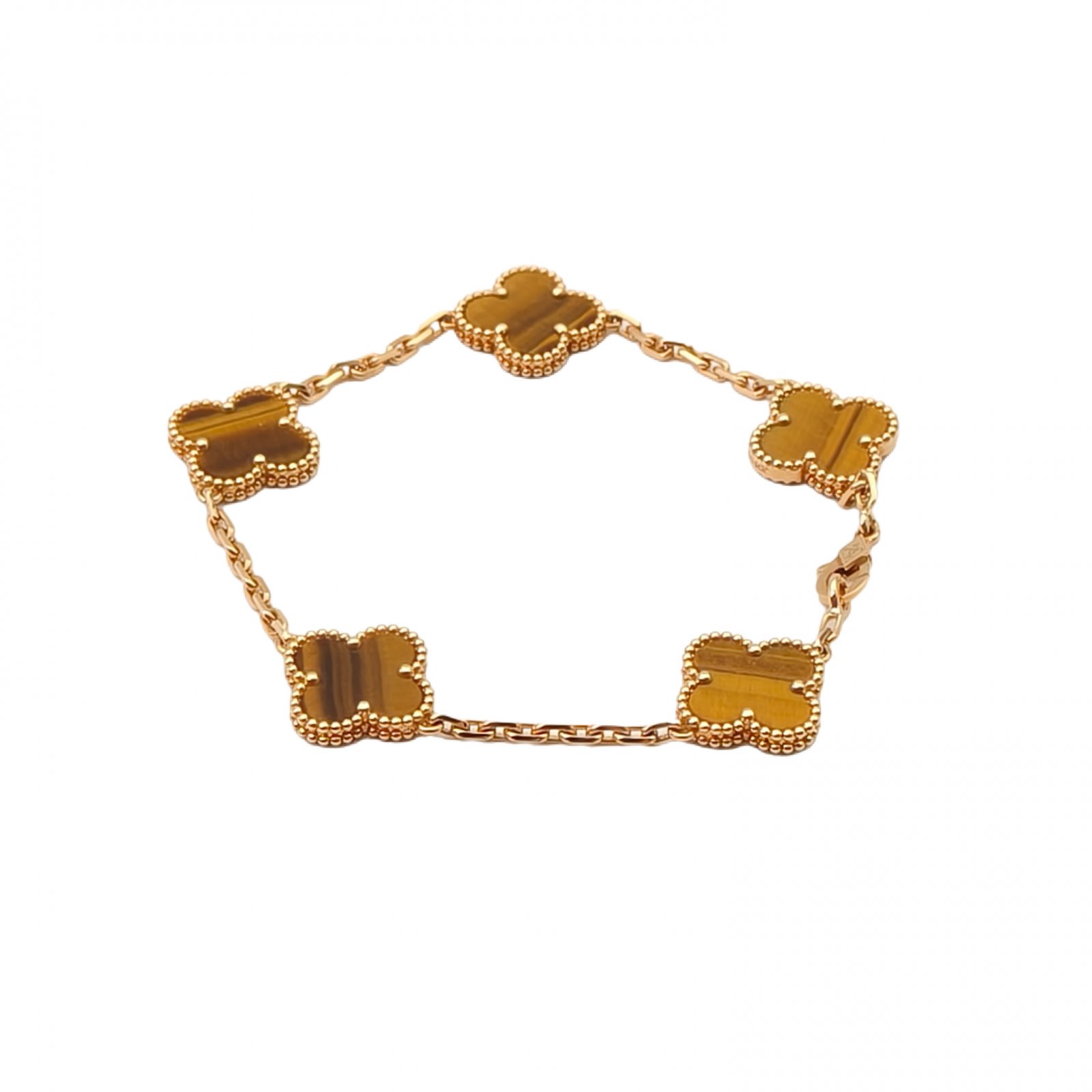 99新 梵克雅宝 【66特价】中号五花手链 新扣 18K黄金/虎眼石