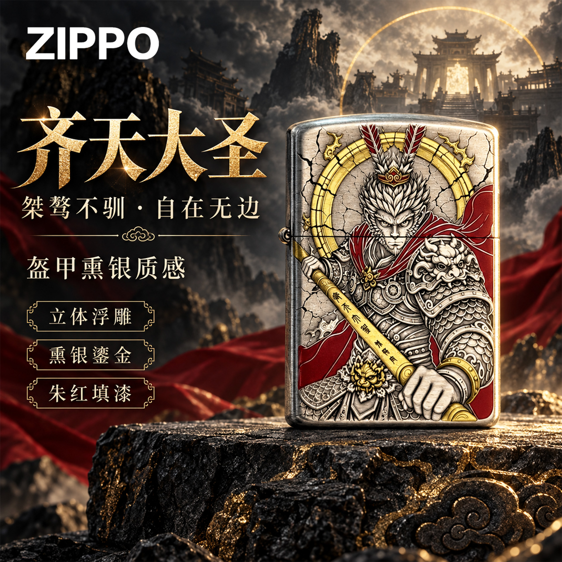 zippo打火机盔甲浮雕包银珐琅孙悟空官方正品男生走心实用礼物