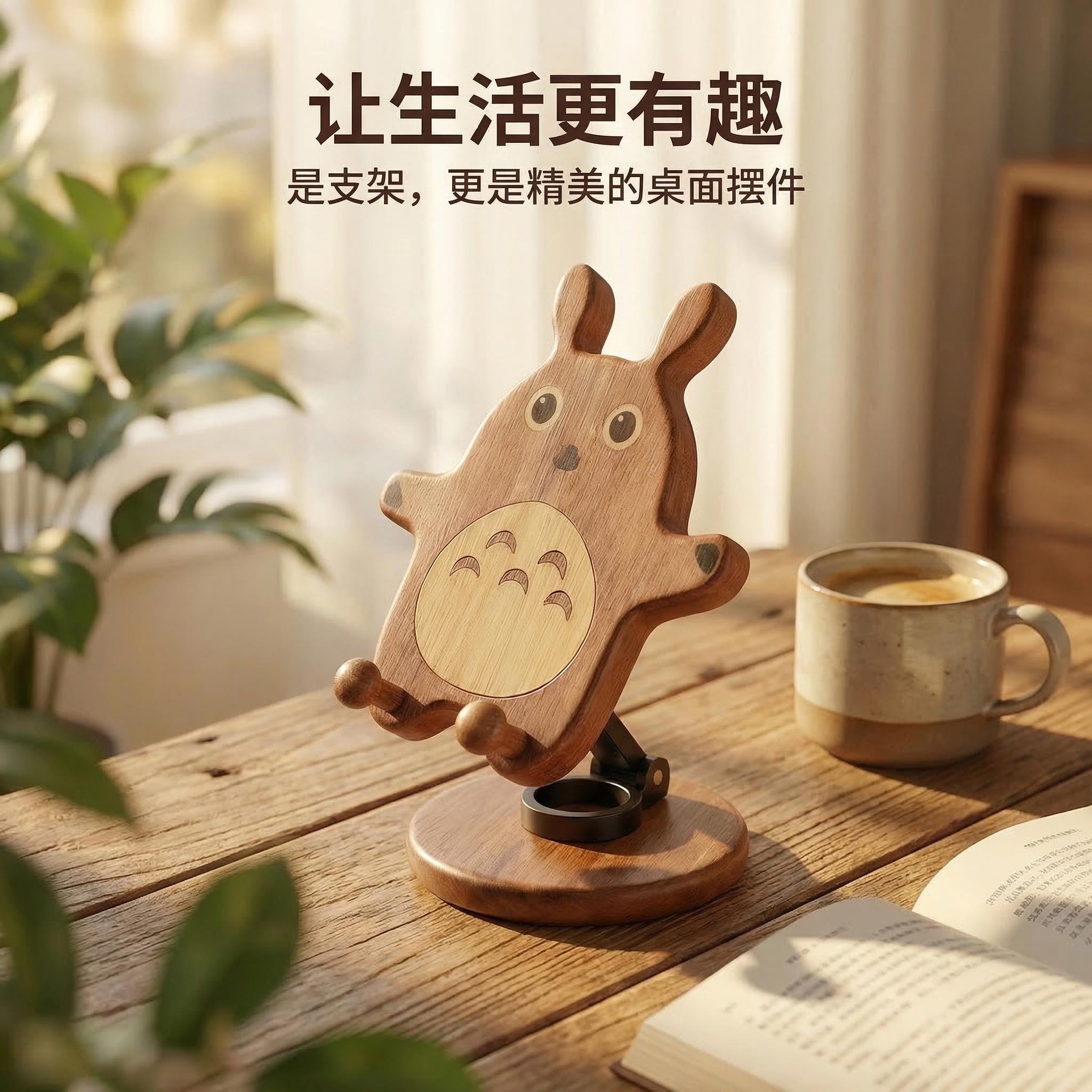 龙猫可爱创意可旋转调节手机支架实木手机架子创意桌面摆件手机座