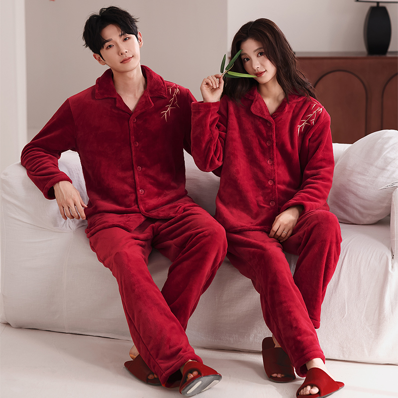 【两套装】冬季情侣睡衣结婚喜庆红色珊瑚绒保暖加厚柔软亲肤家居服