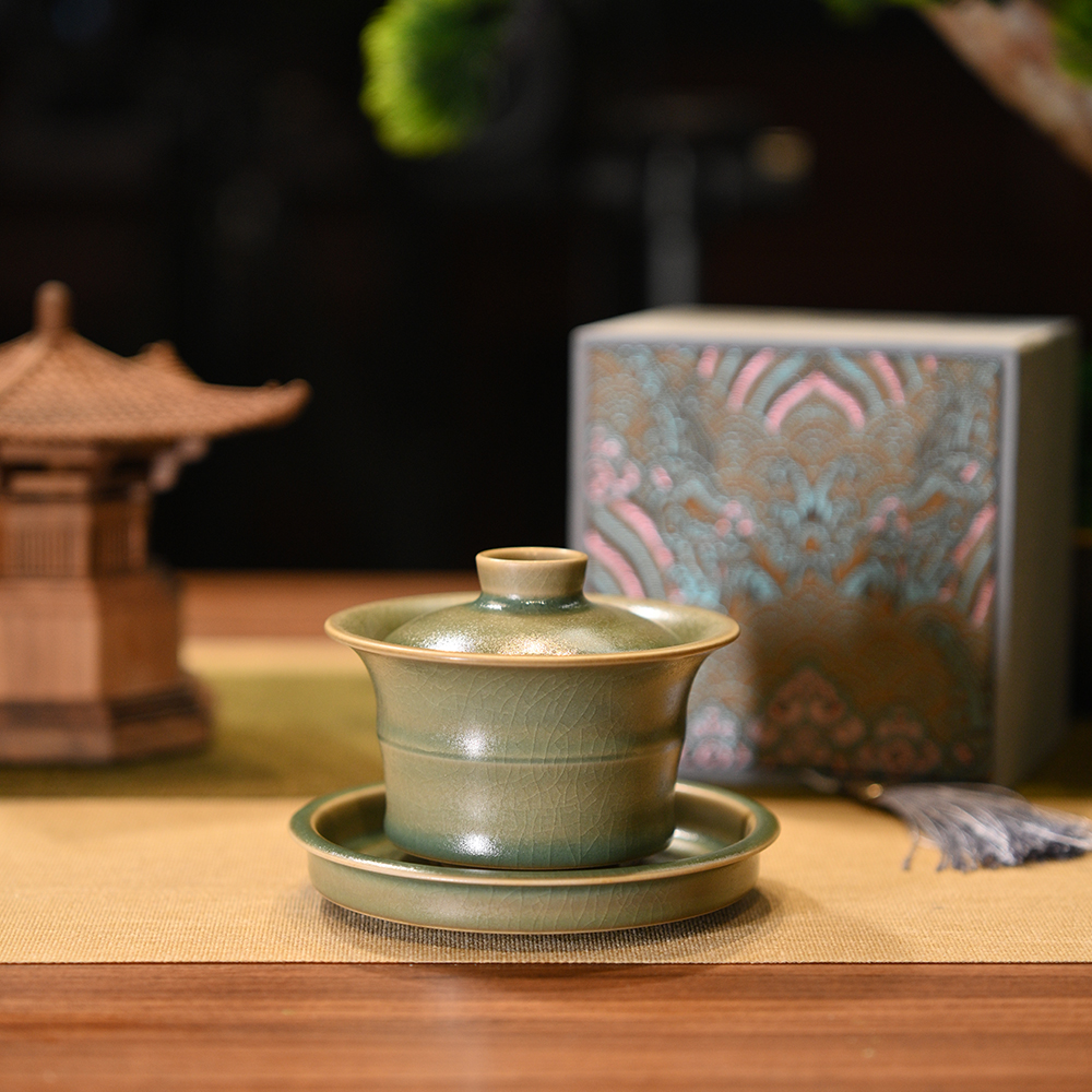 【宋代美学】竹节马蹄三才盖碗原矿汝窑开片手工高档茶杯复古