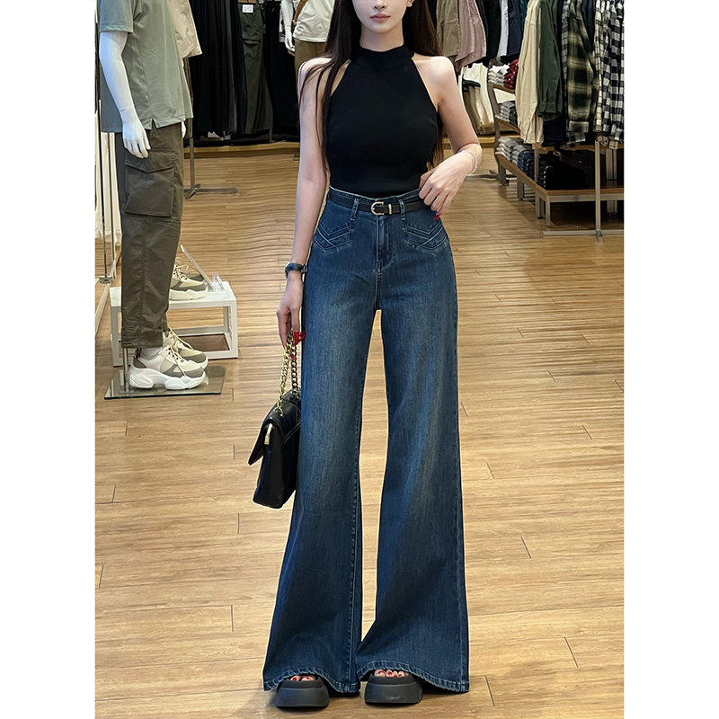 深色高腰不贴腿喇叭牛仔裤女2025秋季新款显瘦显高百搭拖地长裤