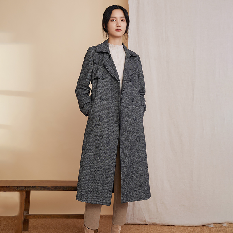 IDYM2风衣女布符秋季原创复古毛呢格纹修身外套时尚简洁大气休闲