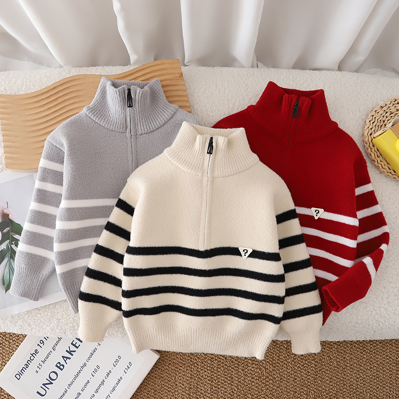 【不起球】男女童毛衣儿童秋冬高领洋气2025新款加厚拉链条纹针织衫