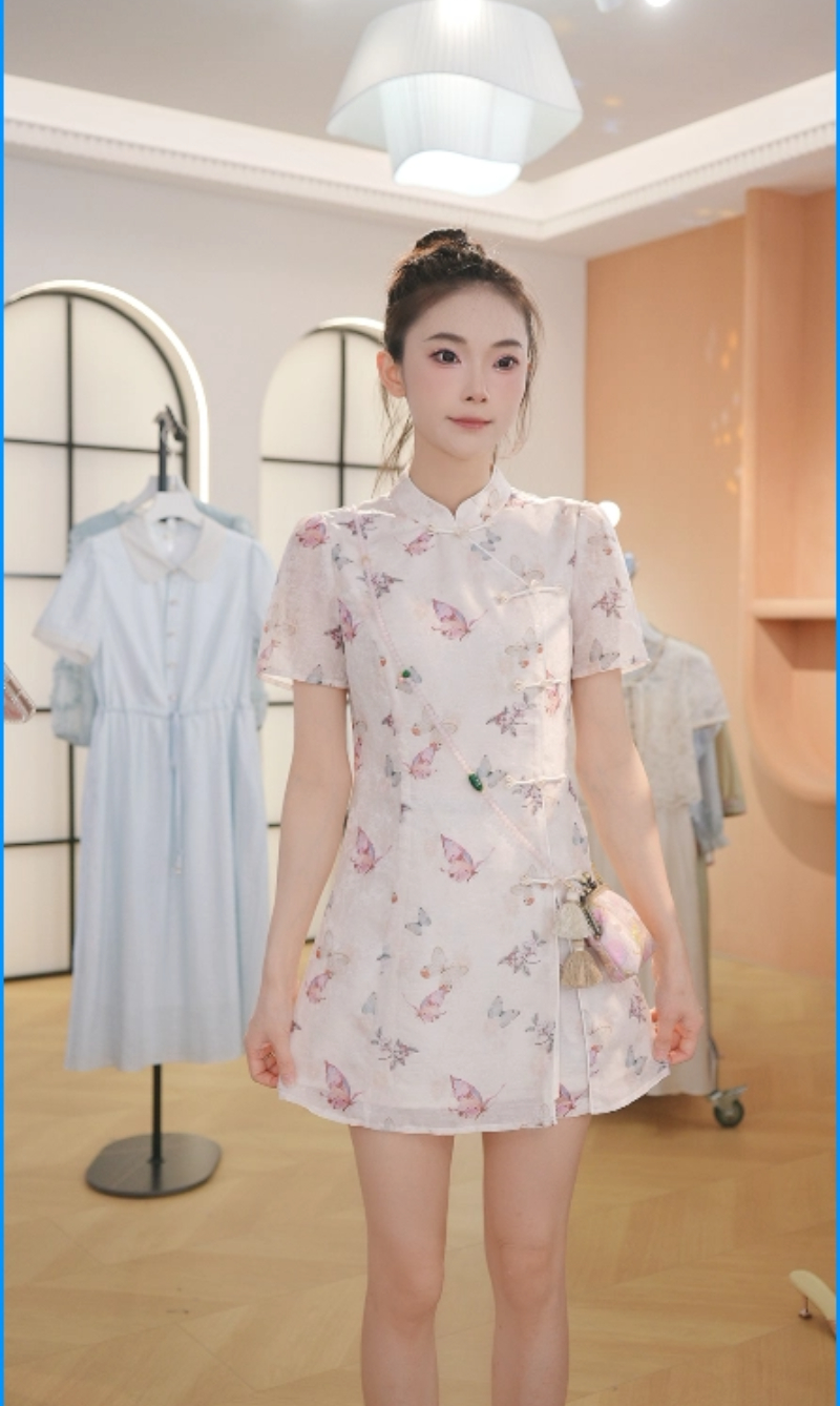 F2975新中式蝴蝶旗袍连衣裙女2025夏季流行新款短裙短裤套装