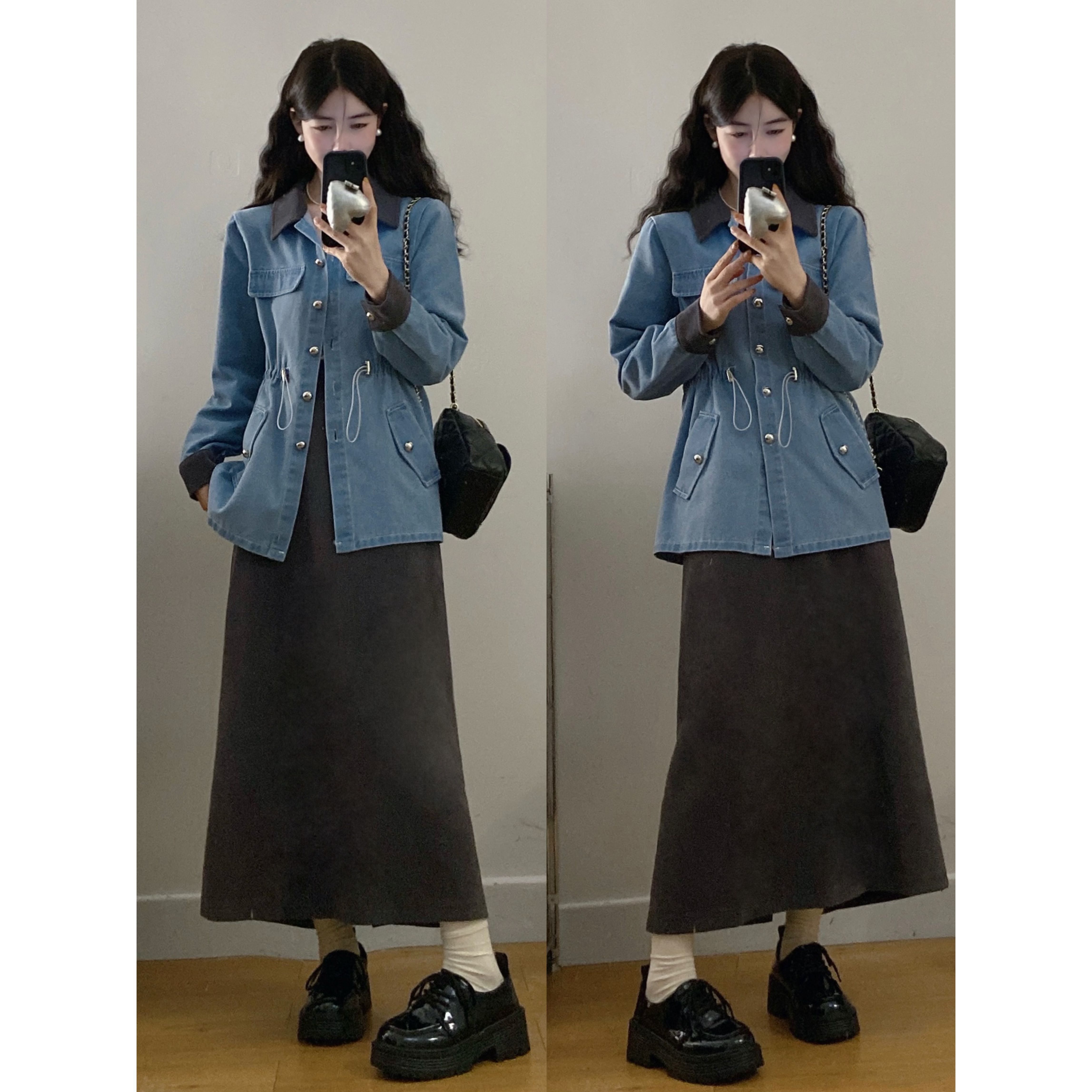 大码女装胖mm新款时尚显瘦抽绳收腰牛仔外套+半身裙套装