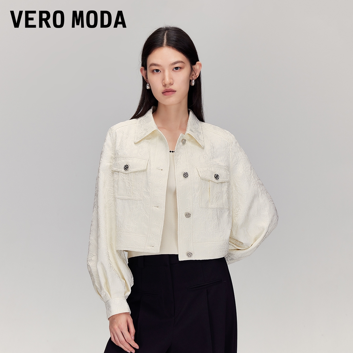 Vero Moda短外套2025秋季新宽松直筒肌理感灯笼袖纯色松弛感百搭