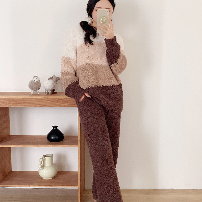 秋冬季女士睡衣加绒加厚情侣款睡衣软绵绵家居服半边绒睡衣套装