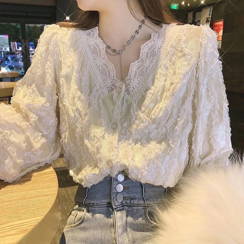 【216】蕾丝打底衫法式V领刺绣丝绒长袖衬衫女名媛高端减龄洋气小衫