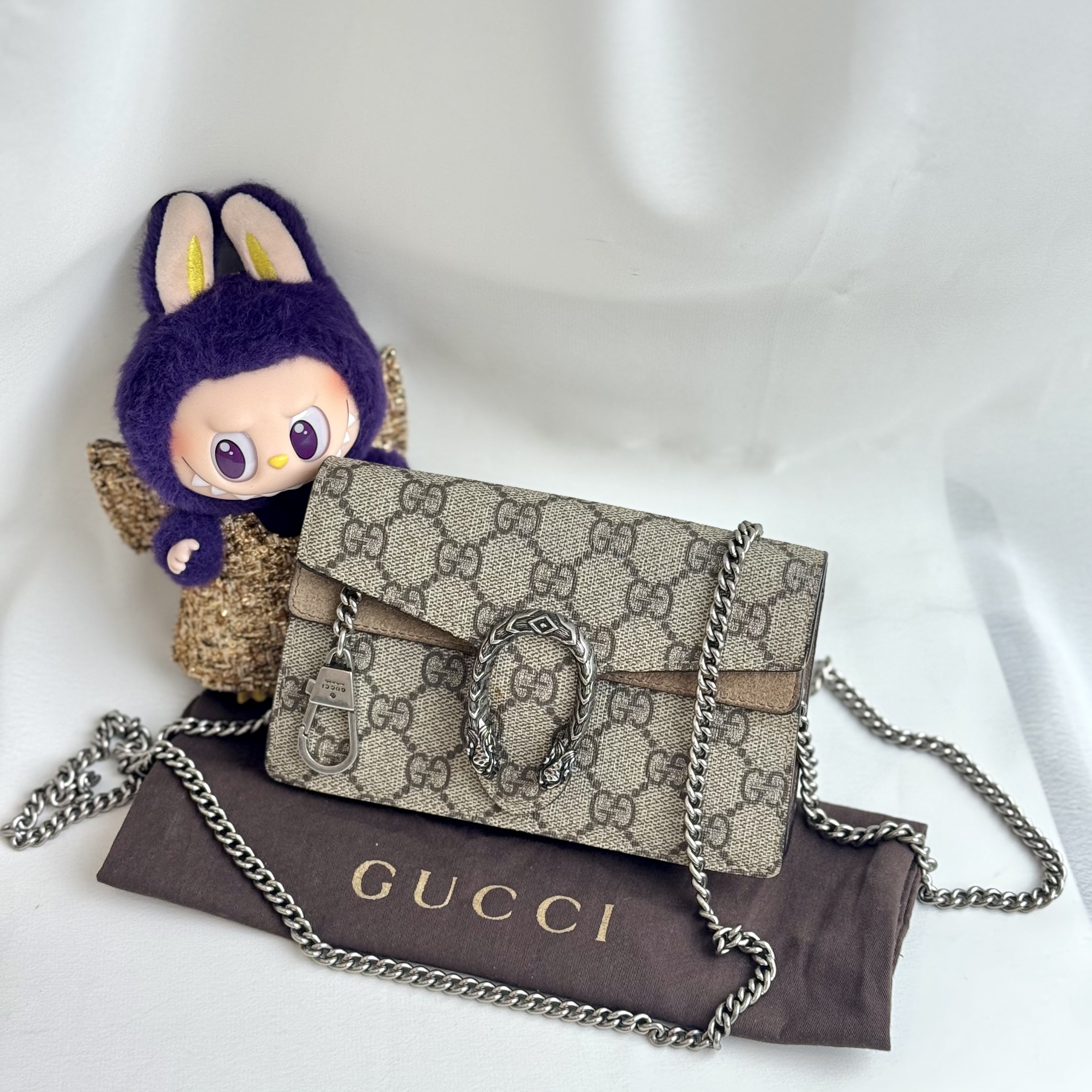 95新 GUCCI/古驰 驼色mini酒神链条单肩包