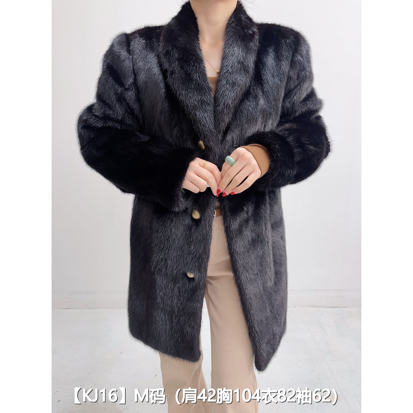 【KJ16】M 纯黑色中长款全抽貂皮水貂大衣女 青果领泡泡袖 33016