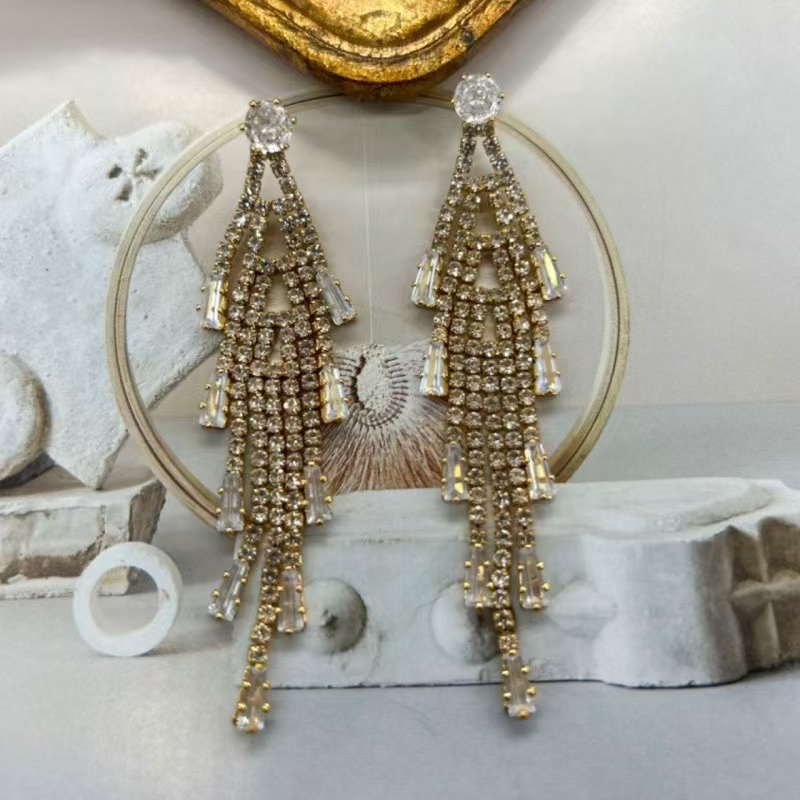 铜合金耳饰 几何流苏线条耳钉微镶锆石轻奢百搭欧美长款耳环5733