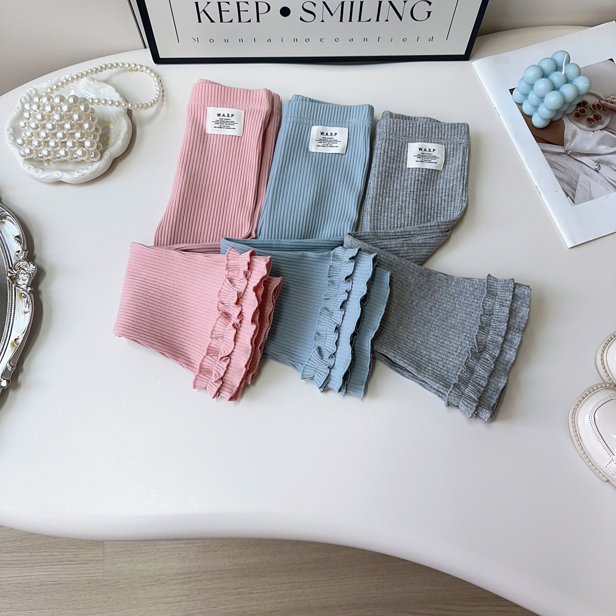 女童休闲针织喇叭裤春秋季新款女宝宝简约百搭花边打底裤ACB119