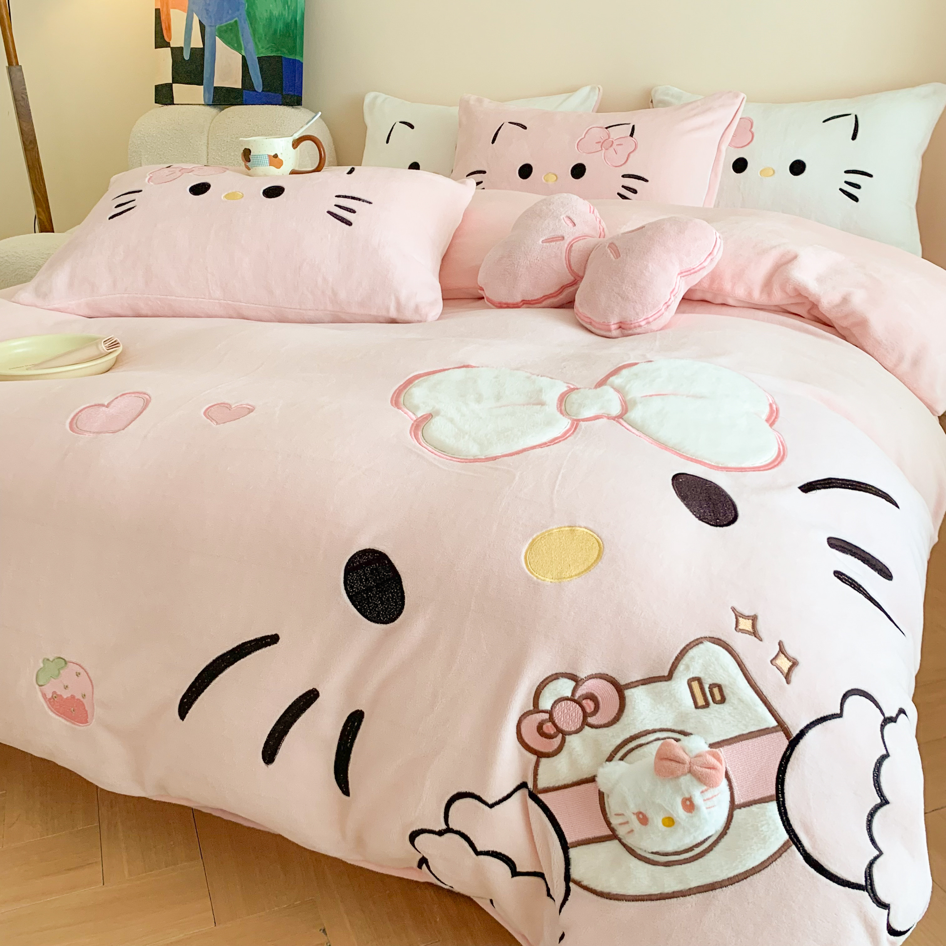 【冬日必备】贴布绣加厚高克重牛奶绒四件套 猫猫头营造温馨卧室
