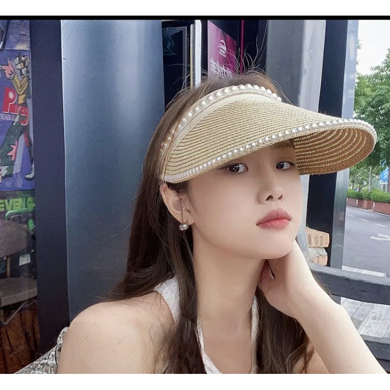 防晒帽遮阳帽女帽子空顶草帽女士夏季太阳帽防紫外线珍珠大帽檐