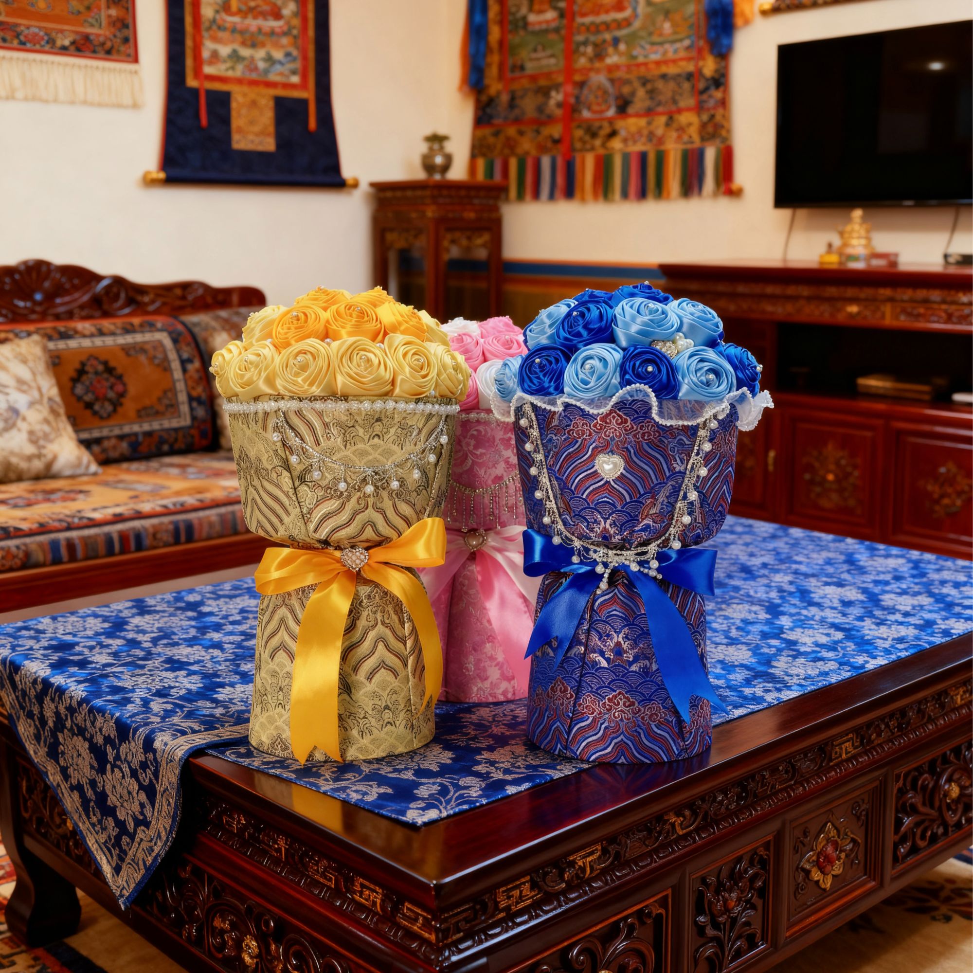 藏式手工花材料包材料齐全 宝蓝色系精致设计 适合送礼