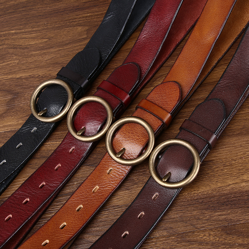 3.4CM宽复古圆扣皮带男真皮针扣头层牛皮百搭休闲牛仔裤腰带男款