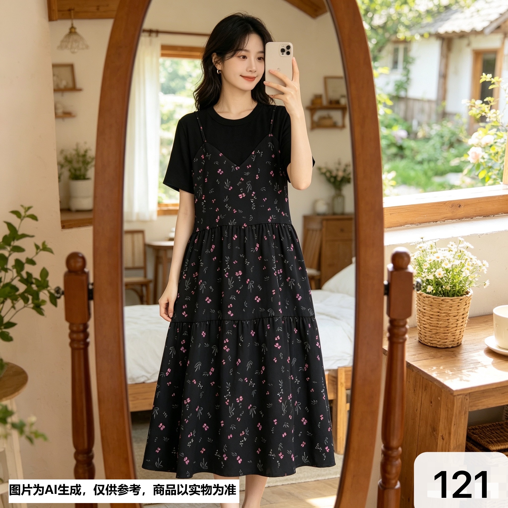 【Annie 121】春夏款粉绿小碎花裙吊带假两件宽松大码显瘦长裙
