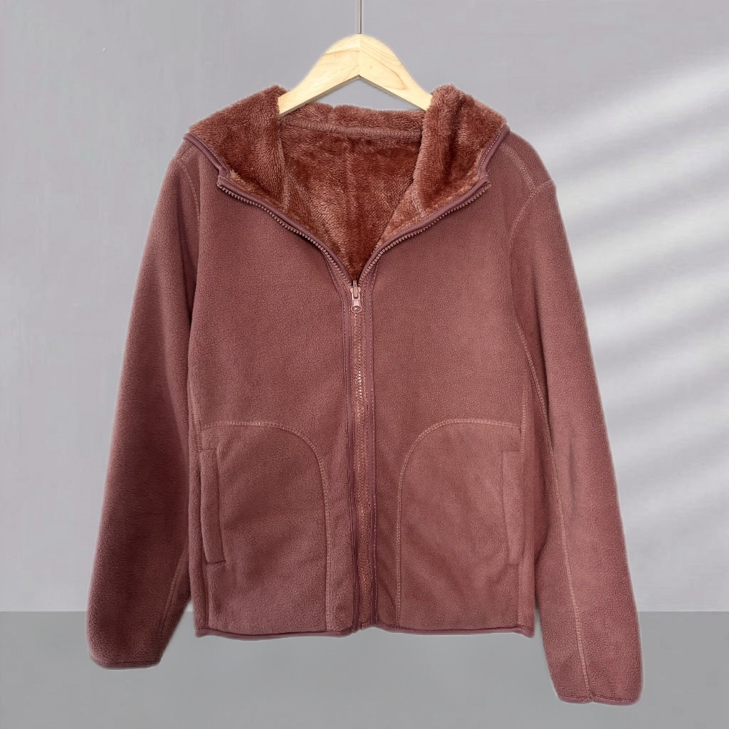 玲姐定制-女款双面穿连帽抓绒衣户外保暖外套内胆开衫343321