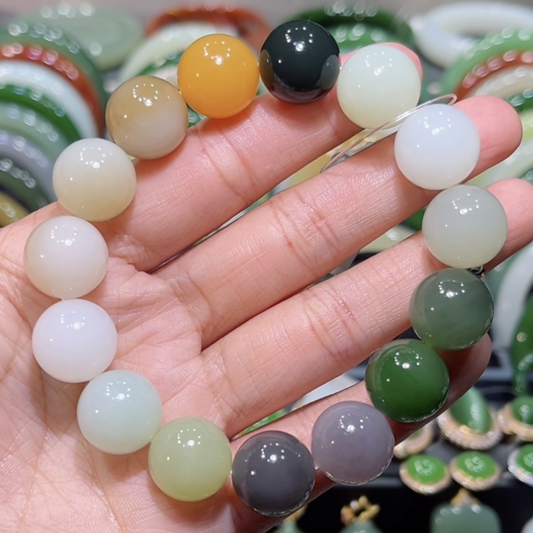 和田玉多宝手串14mm（白玉、烟紫、阳绿、晴水、全糖）