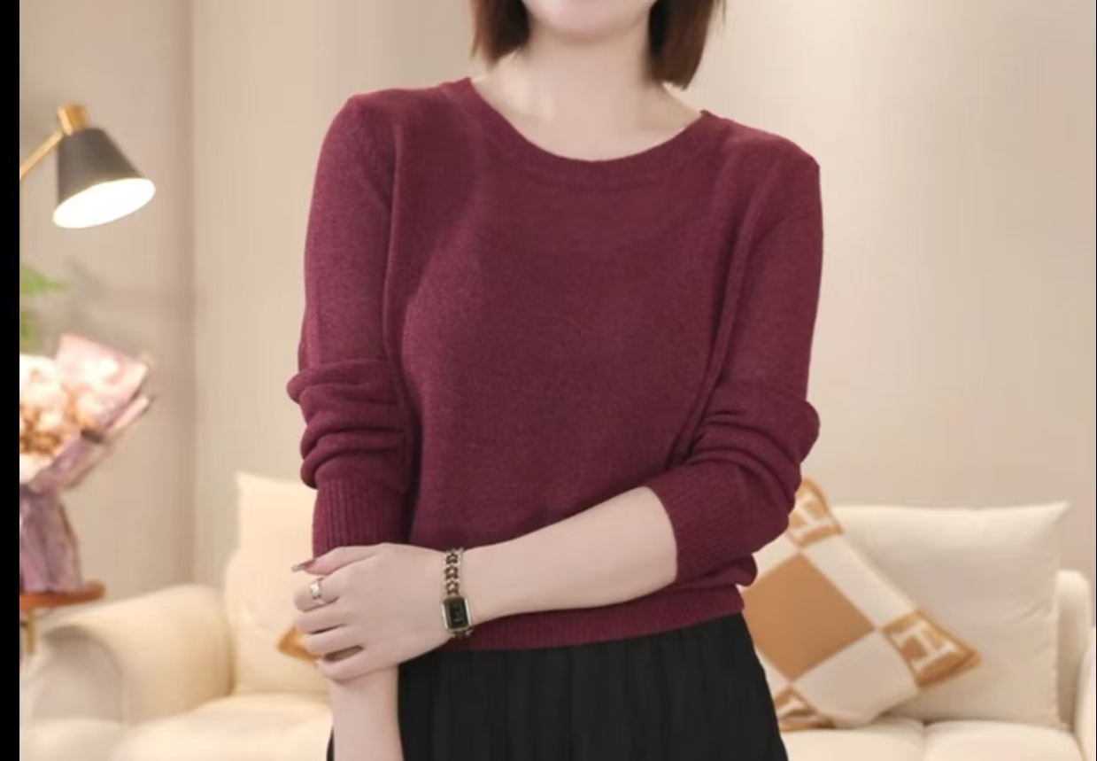 1女秋季圆领纯色长袖针织毛针织衫套头款休闲