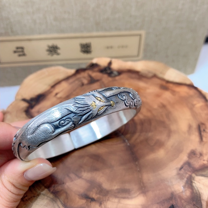 足银手镯 足银999手镯  重工国风复古传承金银错工 莲花开口手镯